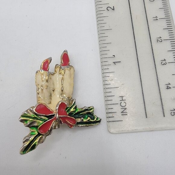 Vintage Gold Tone ENAMEL Fashion Brooch Pin Jewelry CHRISTMAS CANDLES - Picture 3 of 3